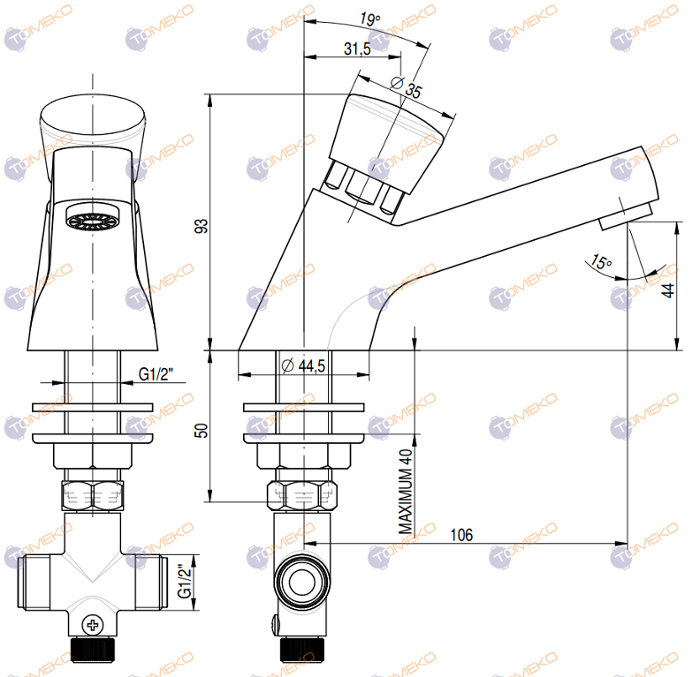 Смесителна батерия ARES, самозатваряща се, стояща 106х93 мм - spareparts.tomeko.bg Смесителна батерия ARES, самозатваряща се, стояща 106х93 мм