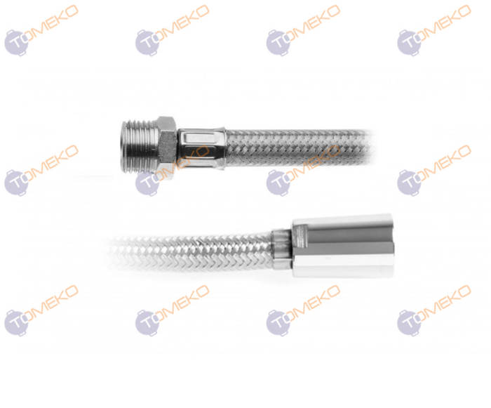 Мека връзка F1/2" - M1/2" (ж-м) inox+PVC, L=2500 мм - spareparts.tomeko.bg Мека връзка F1/2" - M1/2" (ж-м) inox+PVC, L=2500 мм